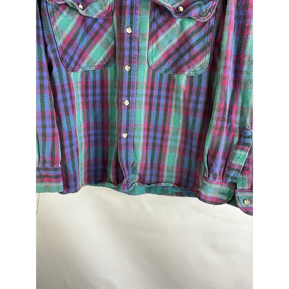 Vintage 90s Fivebrother Rainbow Plaid Flannel Chamois Button Shirt - Picture 2 of 7
